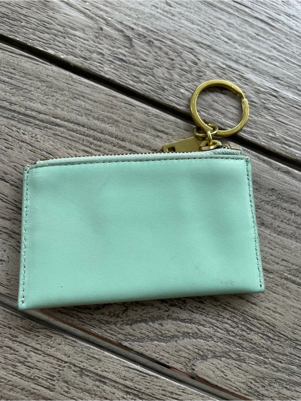 J. Crew Mint Green Leather Cardholder Keychain with Tan Card Pocket